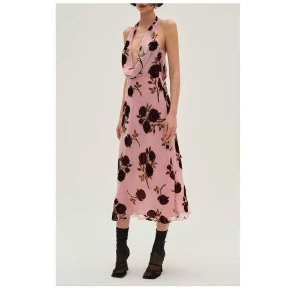 NEW FOR LOVE AND LEMONS PINK COWL NECK HALTER MIDI DRESS W/VELVET ROSE BURNOUT S - Picture 1 of 10